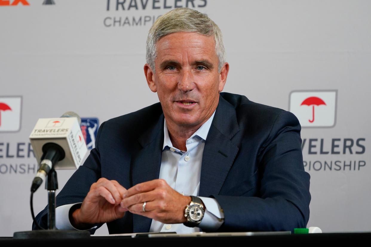 PGA Tour Commissioner Jay Monahan speaks during a news conference before the start of the Travelers Championship golf tournament at TPC River Highlands on Wednesday.