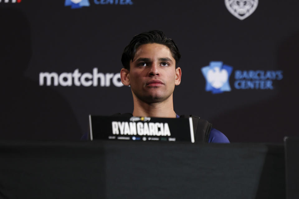 NEW YORK, NEW YORK - APRIL 18: Ryan Garcia looks on during a press conference at Barclays Center on April 18, 2024 in New York City.  (Photo by Cris Esqueda/Golden Boy/Getty Images)