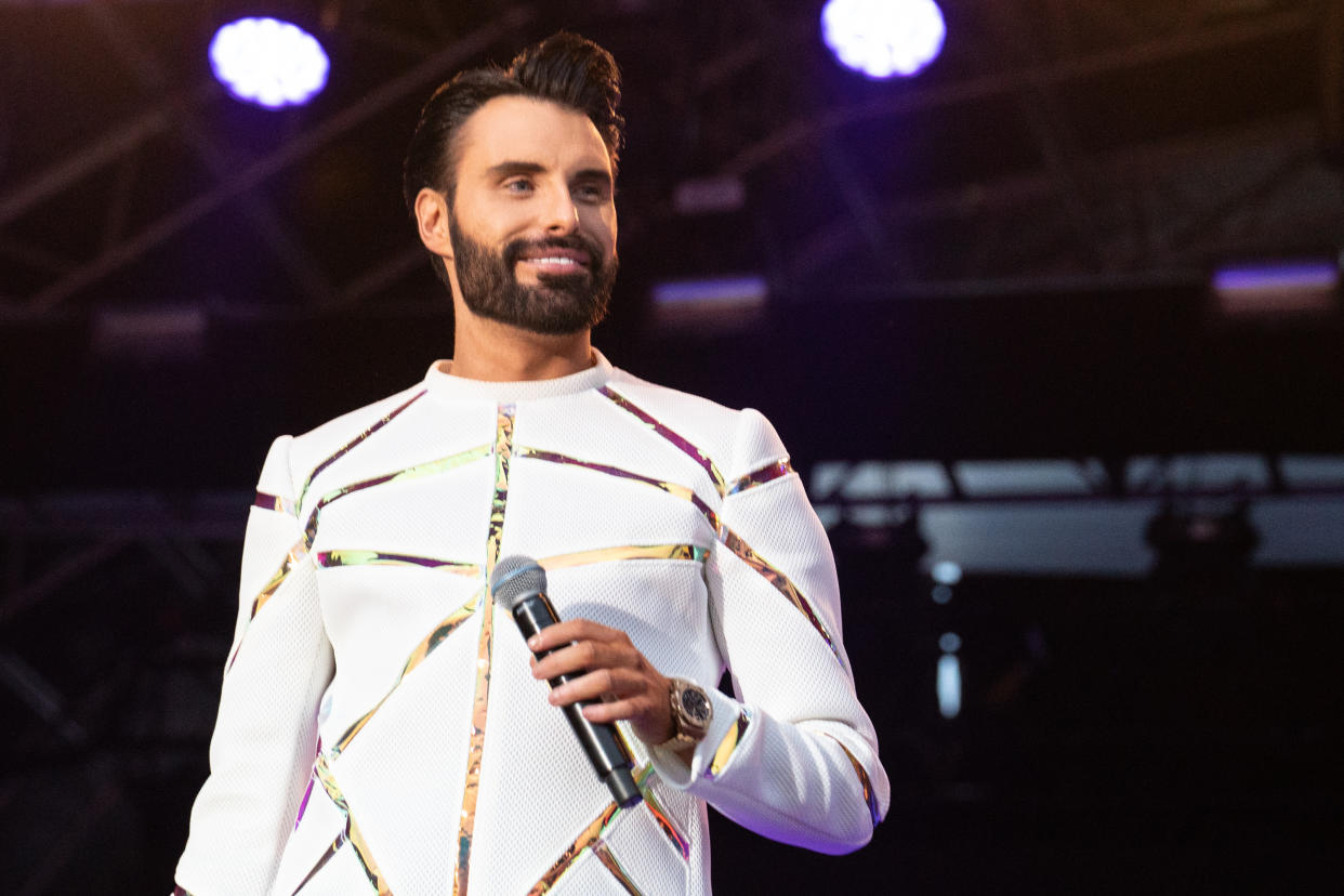 LONDON, ENGLAND - JUNE 03: Rylan Clark introduces Steps headline set at Mighty Hoopla at Brockwell Park on June 03, 2022 in London, England. (Photo by Lorne Thomson/Redferns)