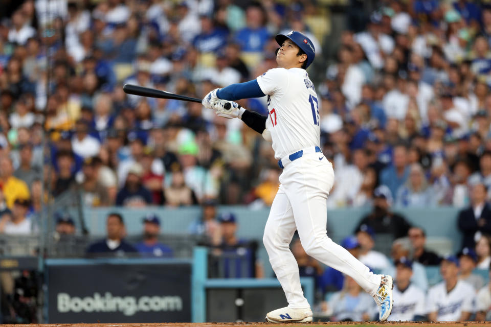 LOS ANGELES, CALIFORNIA - OCTOBER 05: Shohei Ohtani #17 of the Los Angeles Dodgers bats in the first inning against the San Diego Padres in Game One of the Division Series at Dodger Stadium on October 5, 2024 in Los Angeles, California. (Photo by Harry How/Getty Images)