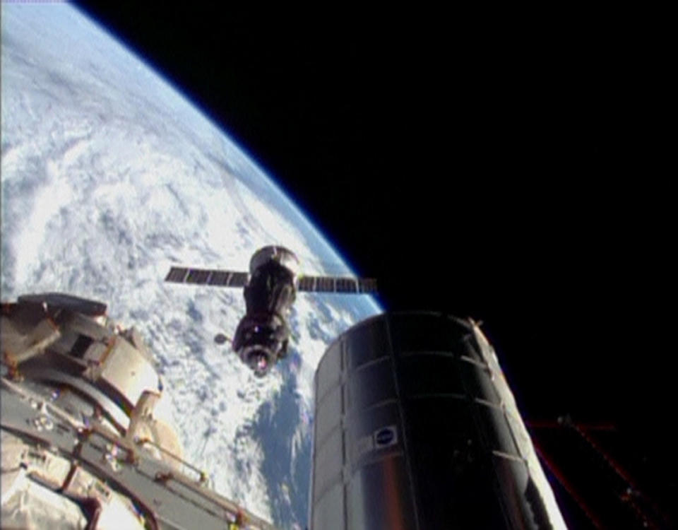 Still image taken from video shows the Soyuz spacecraft preparing to dock with the International Space Station