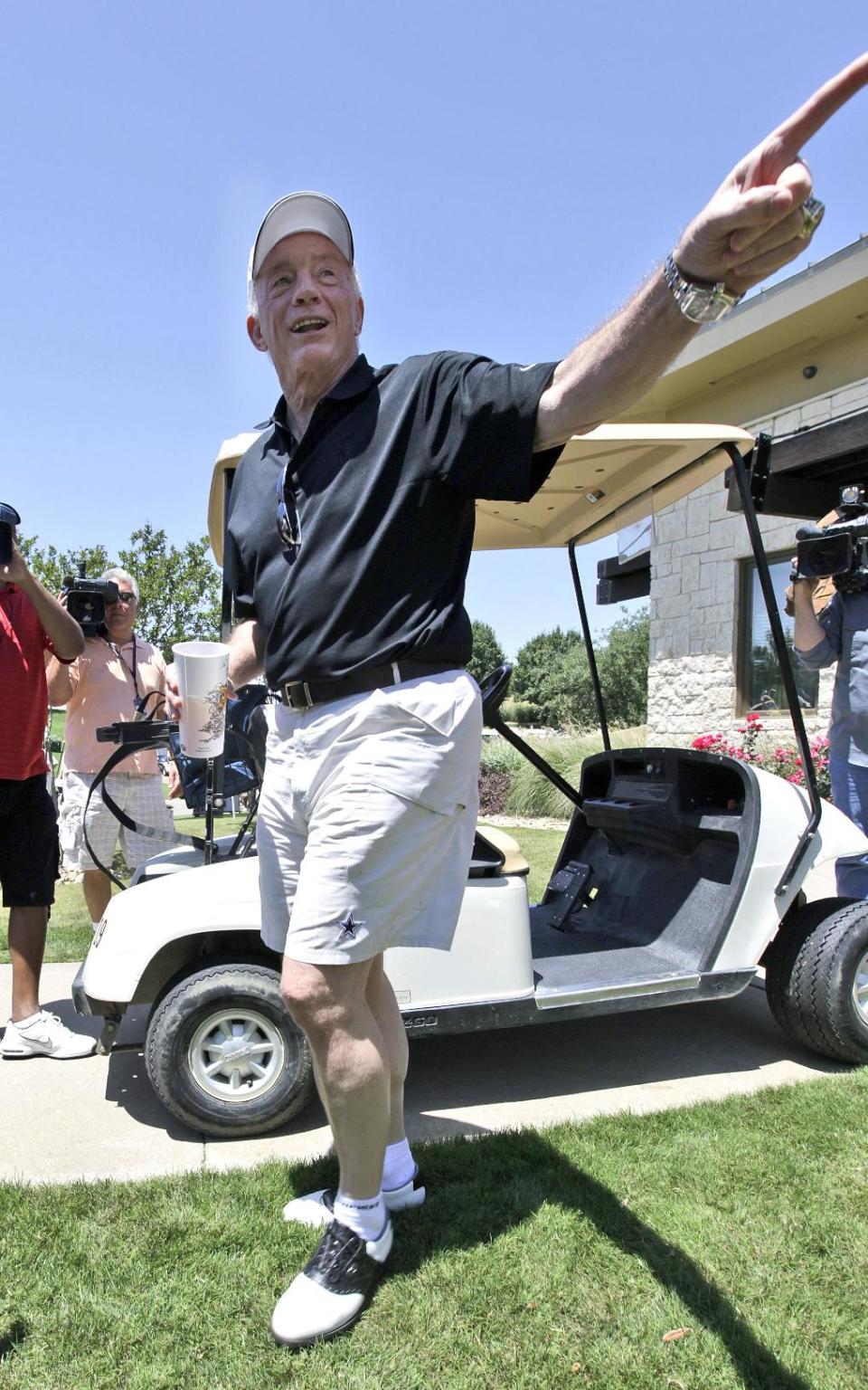 Dallas Cowboys NFL football owner Jerry Jones arrives for the Dallas Cowboys Annual Sponsor Appreciation Golf Classic at the Cowboys Golf Club, Wednesday, May 9, 2012, in Grapevine, Texas. (AP Photo/LM Otero)