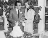 <p>Humphrey Bogart met Lauren Bacall on the set of <em>To Have and Have Not </em>in 1944. It was her first on-screen acting role. Bogart was 25 years older than Bacall, then just 19. They married on May 21, 1945, at the home of novelist Louis Bromfeld, Malabar Farm, in Mansfield, Ohio. Bogart had finalized his divorce just 10 days earlier. The couple starred opposite each other in four movies and in numerous TV shows. They remained together until Bogart’s death in 1957.</p>