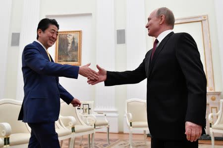 Russian President Vladimir Putin (R) shakes hands with Japanese Prime Minister Shinzo Abe during a meeting at the Kremlin in Moscow, Russia January 22, 2019. Alexander Nemenov/Pool via REUTERS