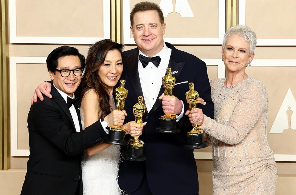 Brendan Fraser (second from R), winner of the Best Actor in a Leading Role award for "The Whale," and (L-R) Ke Huy Quan, winner of the Best Actor In A Supporting Role award, Michelle Yeoh, winner of the Best Actress in a Leading Role award and Jamie Lee Curtis, winner of the Best Supporting Actress award for "Everything Everywhere All at Once," pose in the press room during the 95th Annual Academy Awards