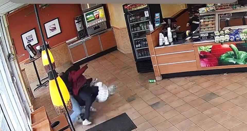 PHOTO: In this screen grab from surveillance video, Subway customer Gabriel Pitzulo takes down a man who allegedly attacked an employee, on March 22, 2024, in Indianapolis. (Obtained by ABC News)