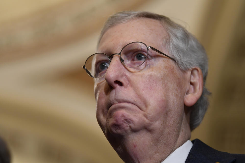 Senate Majority Leader Mitch McConnell of Ky., speaks to reporters following the weekly policy lunches on Capitol Hill in Washington, Tuesday, June 4, 2019. (AP Photo/Susan Walsh)