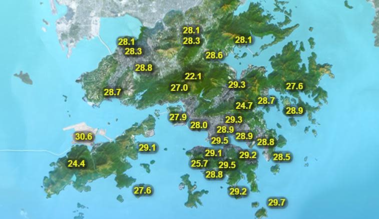 本港地區今日天氣預測部分時候有陽光及炎熱，亦有幾陣驟雨。市區最高氣溫約32度，新界再高一兩度。(香港天文台)