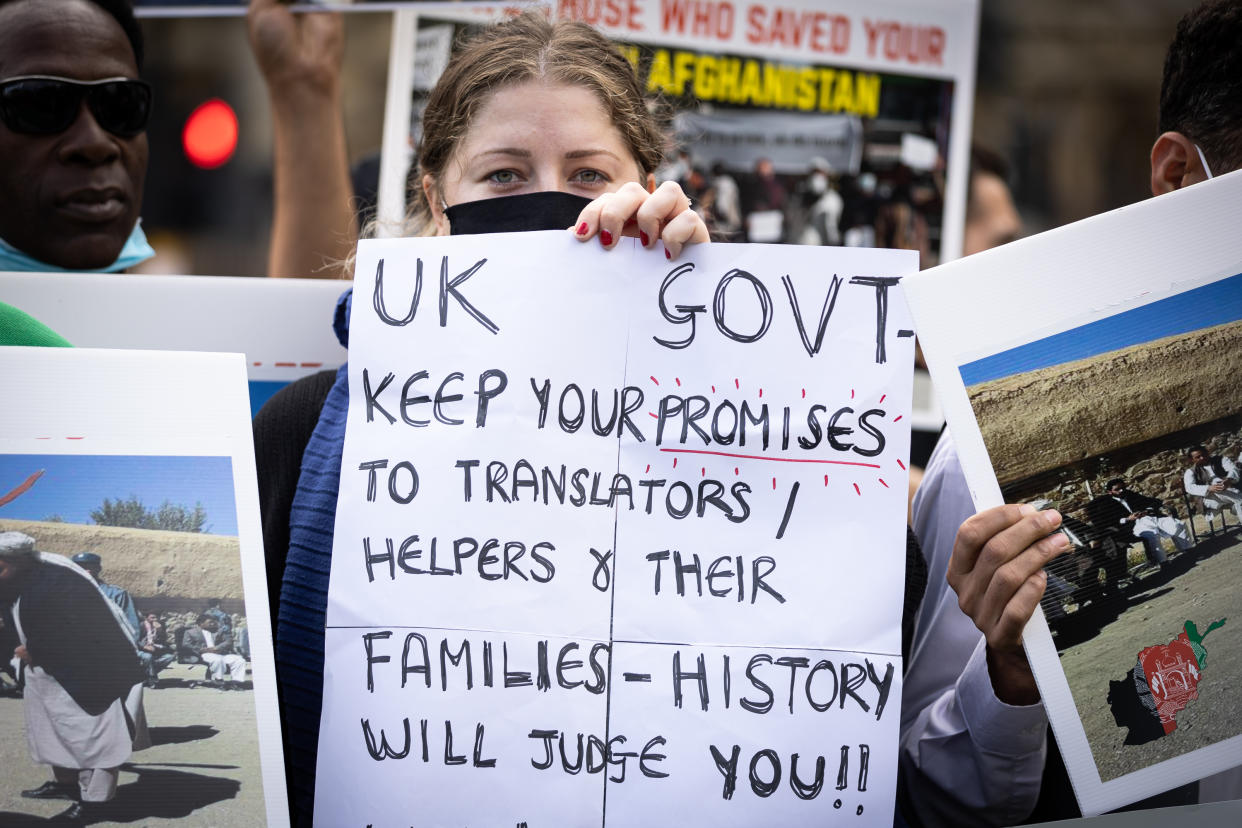 LONDON, UNITED KINGDOM - 2021/08/18: A protester holding a placard expressing her opinion, during the demonstration.
Demonstrators including former interpreters for the British Army in Afghanistan protest in Parliament Square against Taliban and demand human rights in Afghanistan as MPs hold a debate on the crisis in Afghanistan in the House of Commons. (Photo by Tejas Sandhu/SOPA Images/LightRocket via Getty Images)