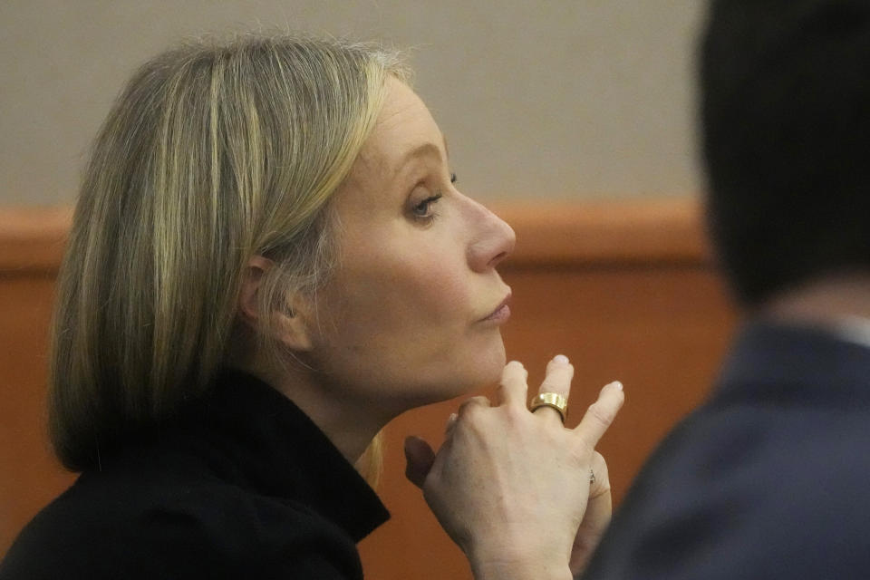 Gwyneth Paltrow sits in court during an objection by her attorney during her trial, Wednesday, March 29, 2023, in Park City, Utah, where she is accused in a lawsuit of crashing into a skier during a 2016 family ski vacation, leaving him with brain damage and four broken ribs. (AP Photo/Rick Bowmer)