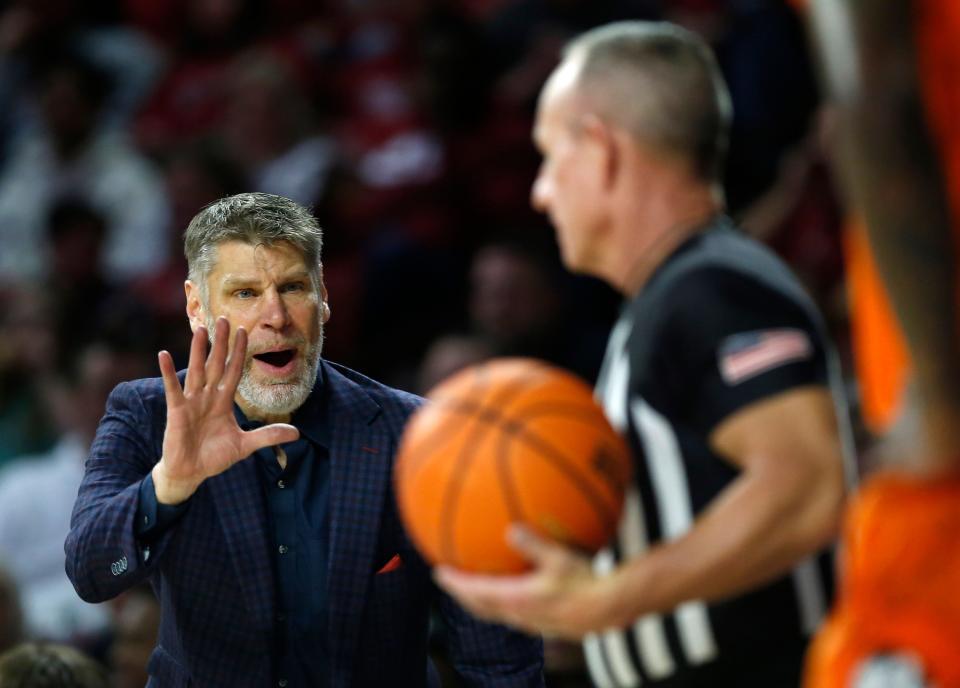 Oklahoma head coach Porter Moser argues a call during the men's Bedlam college basketball game between the University of Oklahoma Sooners and the Oklahoma State Cowboys at Lloyd Noble Center in Norman, Okla., Wednesday, Feb.1, 2023. OSU beat 71-61.