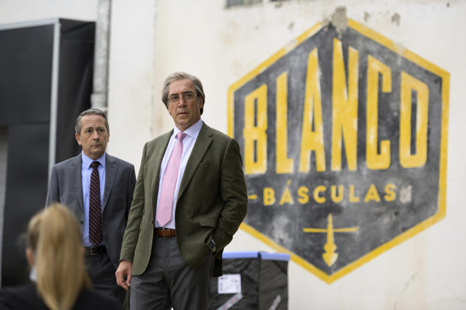 This image released by Cohen Media Group shows Javier Bardem, center, and Rafa Castejón in "The Good Boss," a film by Fernando León de Aranoa. (Cohen Media Group via AP)