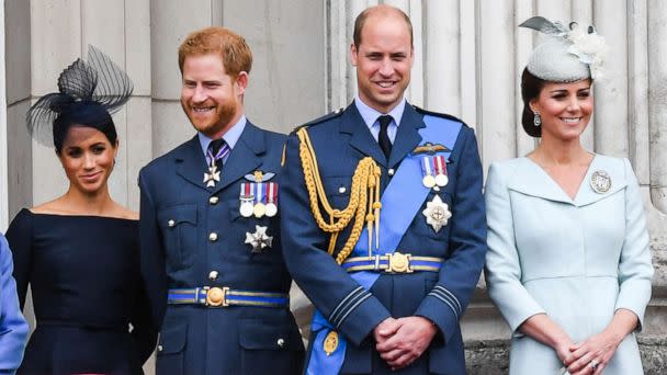 PHOTO: Meghan, Duchess of Sussex, Prince Harry, Duke of Sussex, Prince William, Duke of Cambridge and Catherine, Duchess of Cambridge stand on the balcony of Buckingham Palace, July 10, 2018 in London. (Anwar Hussein/WireImage via Getty Images, FILE)