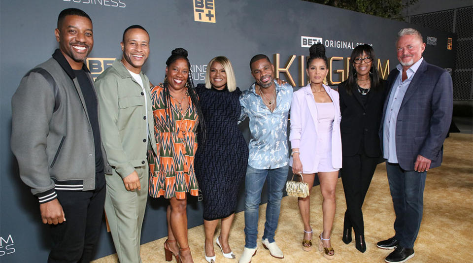 BET EVP and General Manager Devin Griffin, DeVon Franklin, BET SVP Scripted Development Rose Catherine Pinkney, Dr. Holly Carter, Kirk Franklin, Tammy Franklin, BET SVP Casting Robi Reed, and Michael Van Dyke attend the BET+ premiere screening for "Kingdom Business" Season 2 at Television Academy's Wolf Theatre at the Saban Media Center on November 06, 2023 in North Hollywood, California.