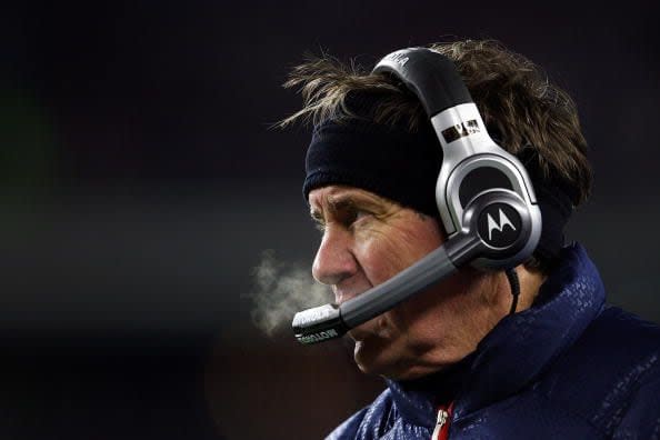 FOXBORO, MA - JANUARY 20:  Head coach Bill Belchick of the New England Patriots stands on the sidelines during a break in play agaiinst the San Diego Chargers during the AFC Championship Game on January 20, 2008 at Gillette Stadium in Foxboro, Massachusetts.  (Photo by Elsa/Getty Images)