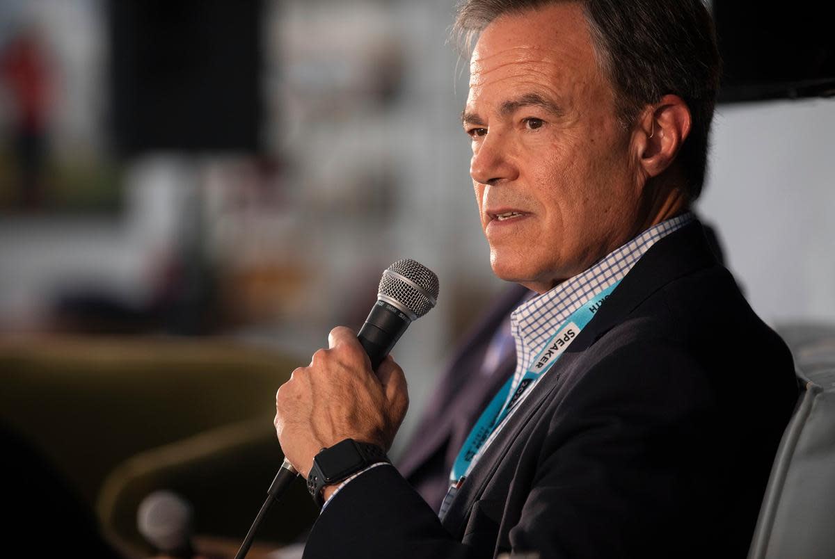 Sandi Villarreal, deputy editor for digital at Texas Monthly, moderates a panel with US Rep. Henry Cuellar, D-Laredo, and former speaker of the Texas House Joe Straus at The Texas Tribune Festival on Sept. 24, 2022 in Austin, TX.