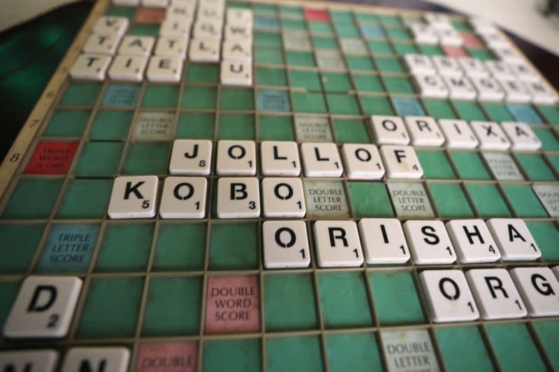New Nigerian words are seen arranged on a scabble board during a scrabble tournnament in Abuja