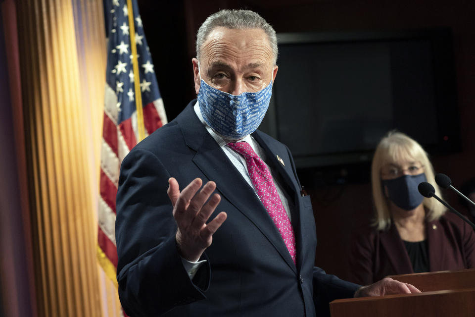 Senate Majority Leader Chuck Schumer of N.Y., left, speaks during a news conference next to Sen. Patty Murray, D-Wash., Tuesday, Jan. 26, 2021, on Capitol Hill in Washington. (AP Photo/Jacquelyn Martin)