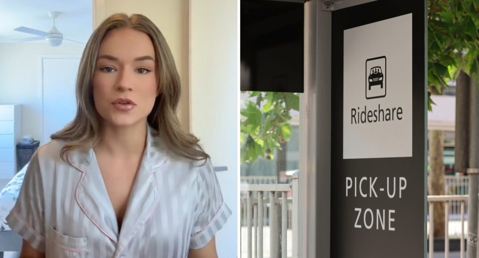 Emily Ward pictured left; and right an airport rideshare pick-up zone. Soruce: TikTok/Getty