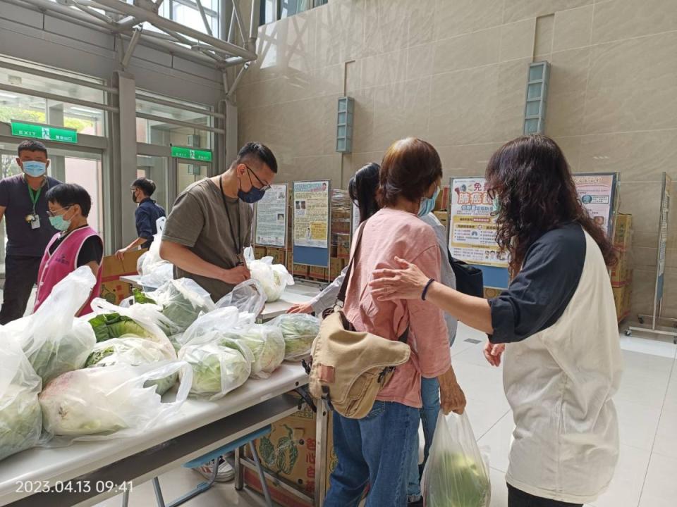 推廣健康照顧菜農，　台中林新醫院採購一萬顆高麗菜，今起大放送，民眾到醫院就能領取。（圖：林新醫院提供）