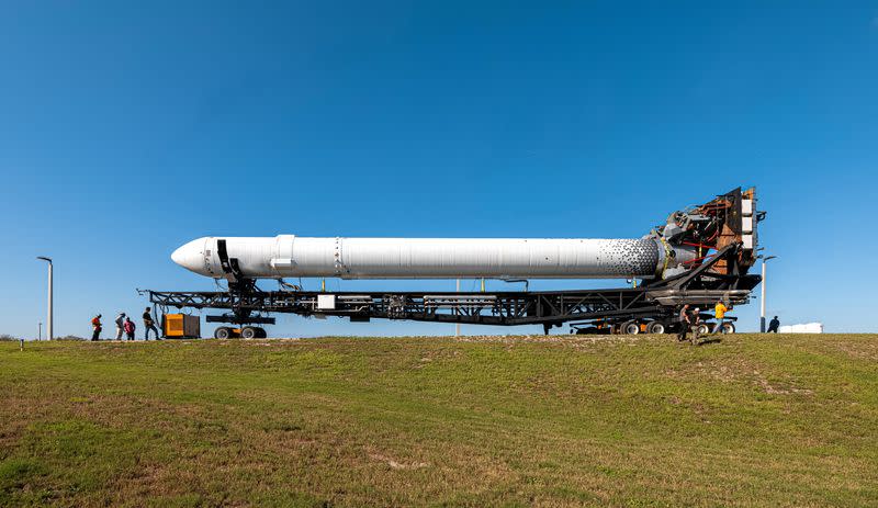 FILE PHOTO: FILE PHOTO: Relativity Space's 3D-printed rocket Terran 1 is role to launch pad at Cape Canaveral Air Force Station in Florida