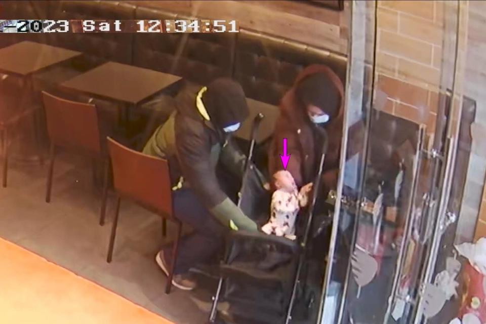 CCTV of Constance Marten, Mark Gordon and baby Victoria in a German doner kebab shop in East Ham was shown in court during their trial (PA Media)