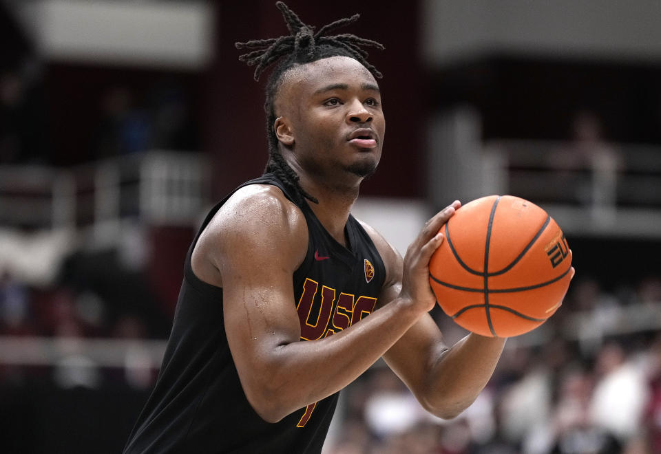 PALO ALTO, CALIFORNIA - FEBRUARY 10: Isaiah Collier #1 of the USC Trojans shoots a foul shot against the Stanford Cardinal during the second half of an NCAA basketball game at Stanford Maples Pavilion on February 10, 2024 in Palo Alto, California. (Photo by Thearon W. Henderson/Getty Images)