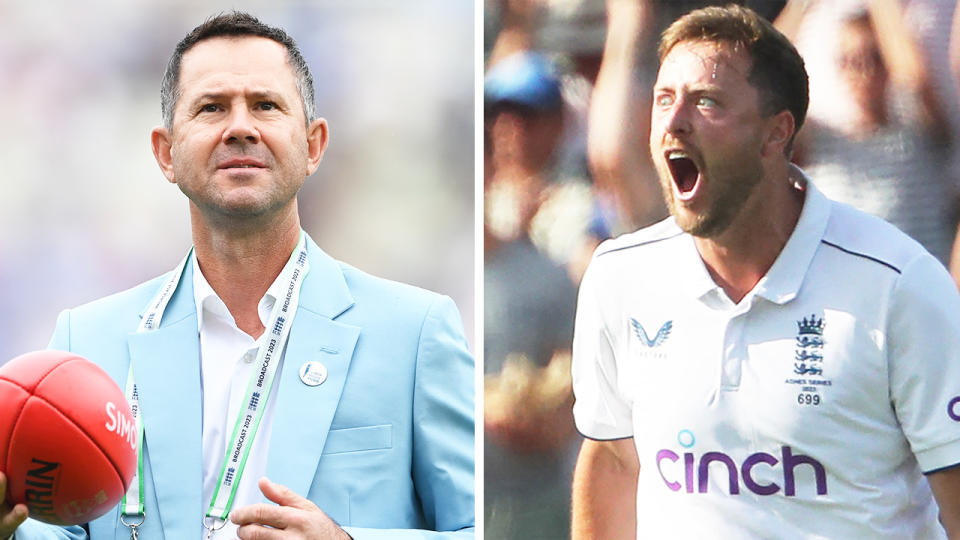 Ricky Ponting before broadcast and Ollie Robinson celebrating a wicket.