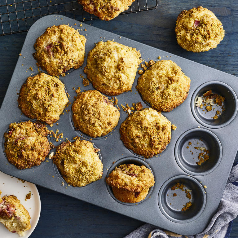 Roasted Strawberry-Rhubarb Muffins with Pistachio Streusel