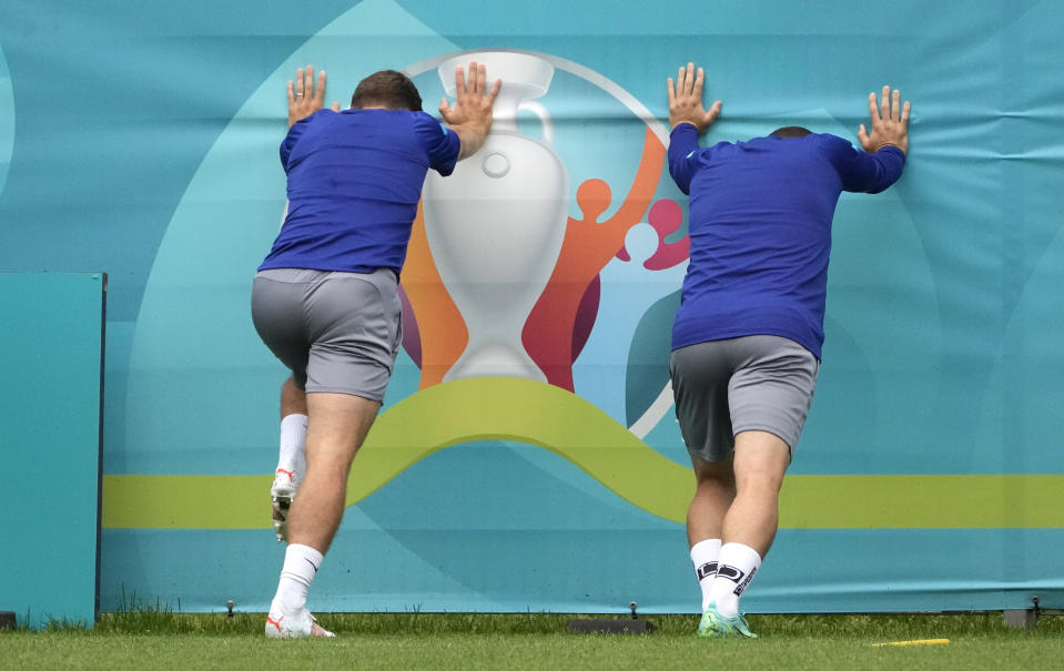 Slovakia's players attend a training session on the eve of the Euro 2020 soccer championship group E match between Poland and Slovakia at FC Zenit Training Centre in St. Petersburg, Sunday, June 13, 2021. (AP Photo/Dmitri Lovetsky)