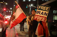 <p>People protest in Los Angeles, Calif., in support of anti-government protesters in Iran, Jan. 3, 2018. (Lucy Nicholson/Reuters) </p>