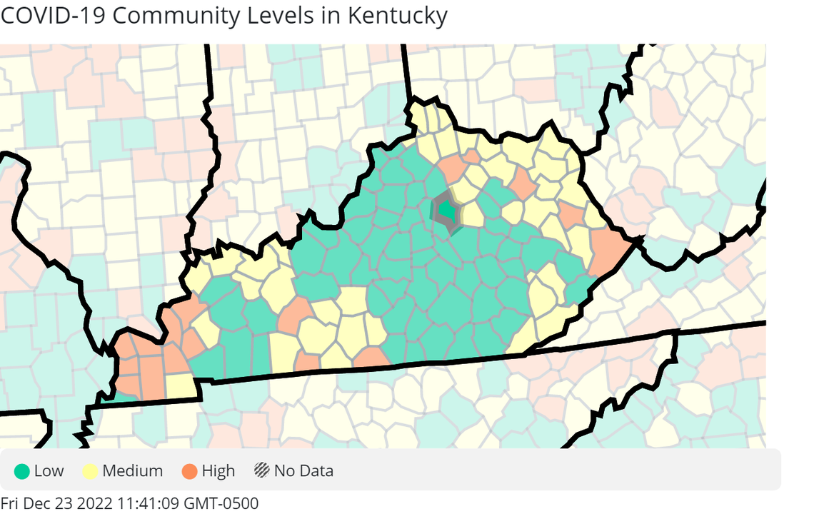 The latest map of Kentucky’s COVID-19 community levels from the U.S. Centers for Disease Control and Prevention. Current as of Dec. 22, 2022.