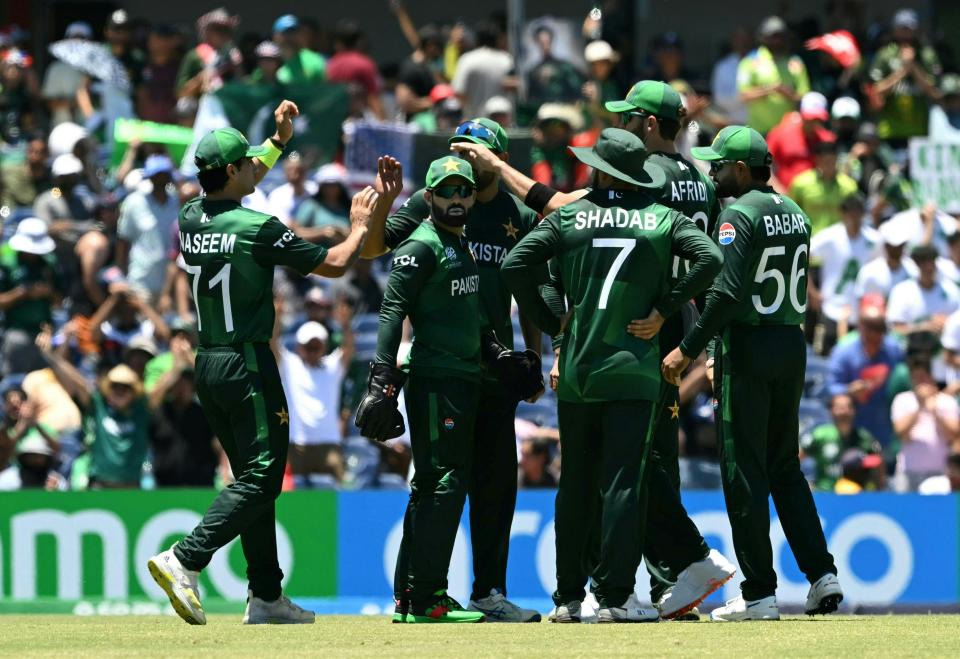 Pakistan's player celebrate dismissing United States Captain Monank Patel during the ICC men's Twenty20 World Cup 2024 group A cricket match between the USA and Pakistan at the Grand Prairie Cricket Stadium in Grand Prairie, Texas, on June 6, 2024.