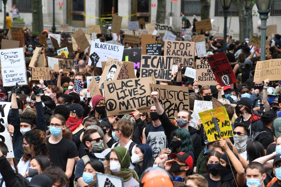 Protesters rally at New York City Hall near NYPD headquarters on June 2.