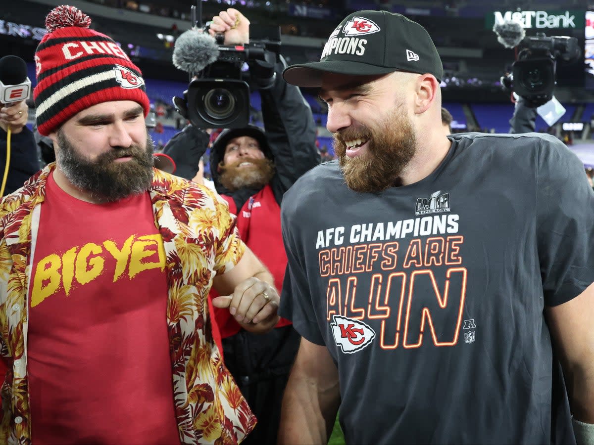 Travis and Jason Kelce attend Taylor Swift’s Eras Tour in London with Kylie Kelce  (Getty Images)