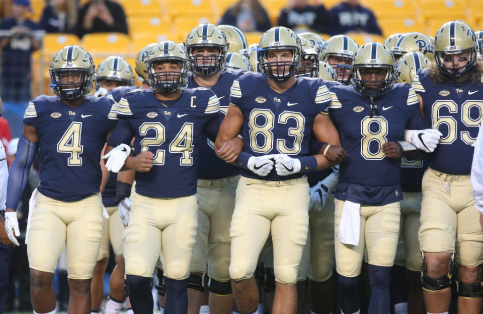 Oct 1, 2016; Pittsburgh, PA, USA; Pittsburgh Panthers linebacker Bam Bradley (4), running back James Conner (24), tight end Scott Orndoff (83), quarterback Manny Stocker (8), and offensive lineman Adam Bisnowaty (69) take the field for warm-ups before playing the Marshall Thundering Herd at Heinz Field. Mandatory Credit: Charles LeClaire-USA TODAY Sports