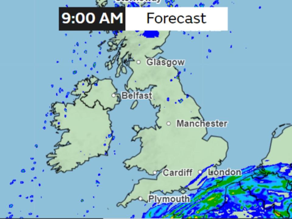 By 9am, just coastal regions remain under heavy rain with most of the eastern parts seeing bright skies (Met Office)