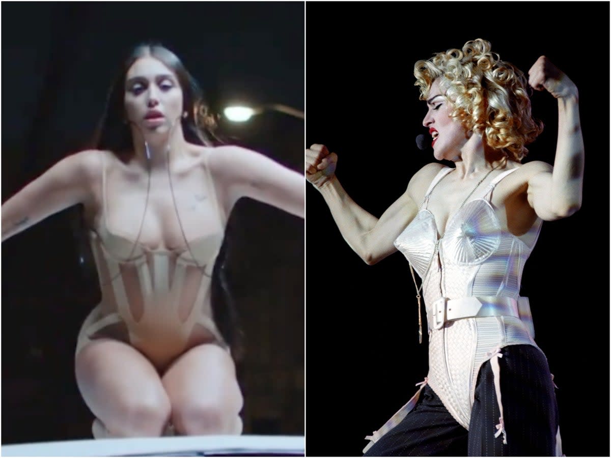 Lourdes Leon (L) in the new Mugler campaign and Madonna (R) in 1990 (Mugler/PA)