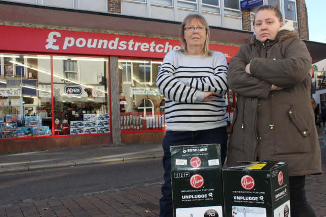 Sharon Cumber and her daughter Michelle with their Hoovers outside Poundstretcher in Sheerness. See National story NNSUCK Bargain hunters have been left devastated after queuing overnight in the freezing cold to buy cheap Hoovers - that did not work. A group of desperate discount devotees queued for six-and-a-half hours for the Â£15 vacuum cleaners when a new branch of Poundstretcher opened. But Sharon Cumber, 56, and daughter Michelle, 22, were left heartbroken after the bargain buys from the store in Sheerness, Kent, were faulty. The pair, who were third and fourth in line for the opening, have now blasted the retailer and claim their complaints are being 'fobbed off'.