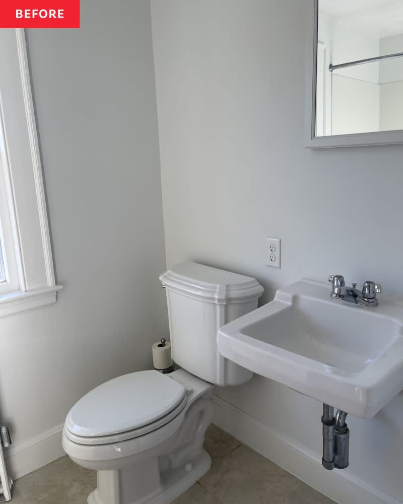 bathroom before makeover. White and gray plain room