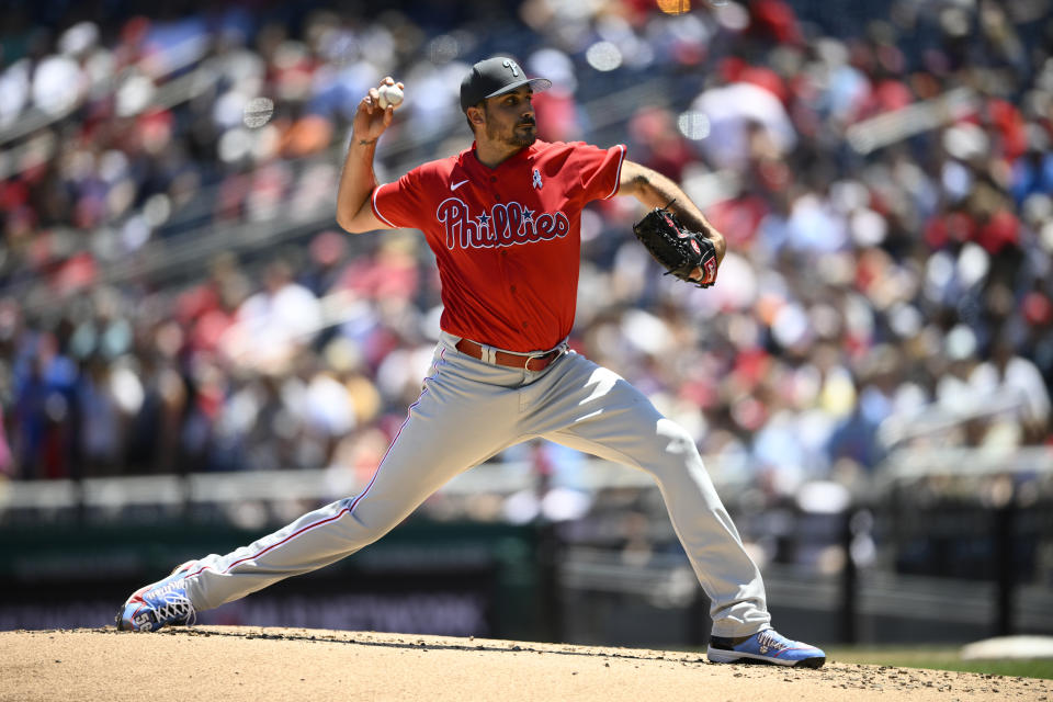 Philadelphia Phillies starting pitcher Zach Eflin throws during the second inning of a baseball game against the Washington Nationals, Sunday, June 19, 2022, in Washington. (AP Photo/Nick Wass)