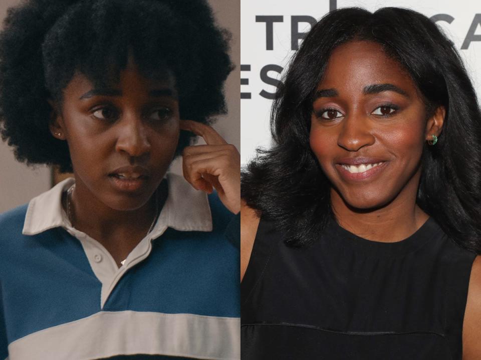 Left: Ayo Edebiri as Josie in "Bottoms." Right: Edebiri in June 2023.