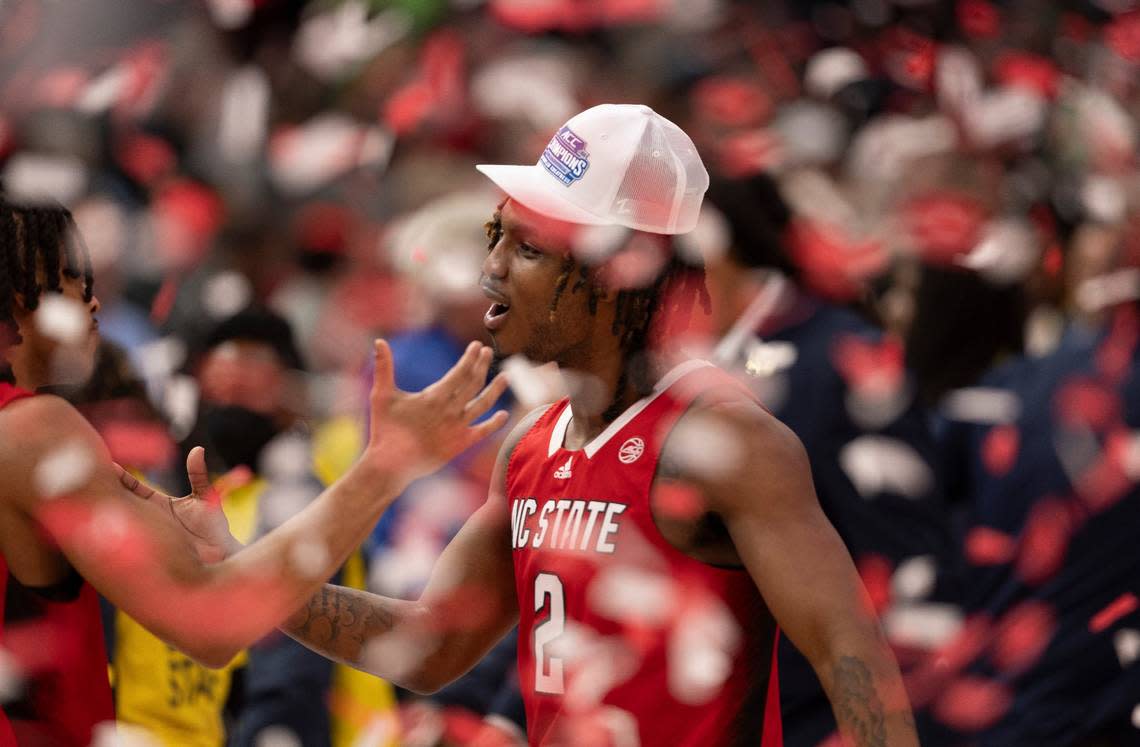 N.C. State’s Kam Woods (2) celebrates the Wolfpack’s 84-76 victory over North Carolina in the ACC Tournament Championship t Capitol One Arena on Saturday, March 16, 2024 in Washington, D.C.