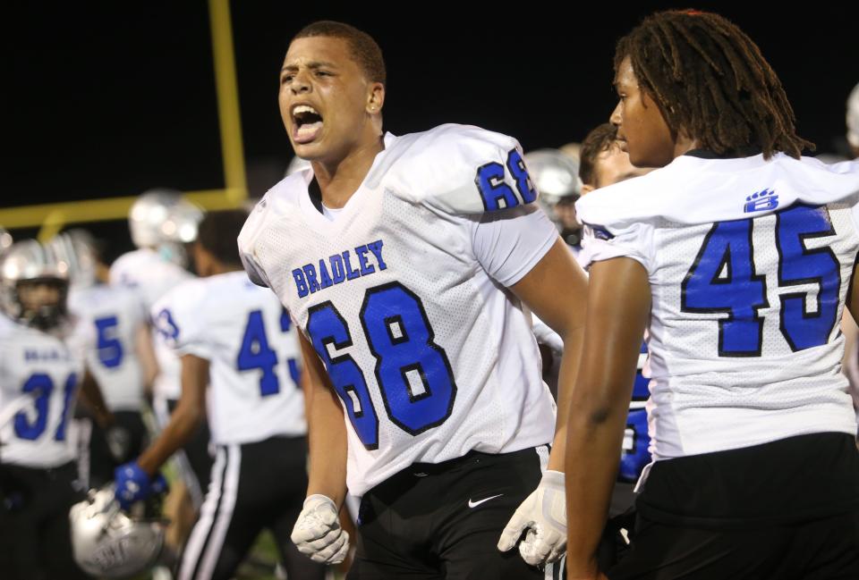 Hilliard Bradley offensive tackle Julian Dandridge says quarterback Bradyn Fleharty often makes up for the line's mistakes. "We call him 'white lightning' around here," Dandridge said. "He’s pretty speedy."