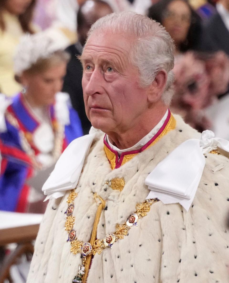 King Charles III looks on during the ceremony of the coronation at Westminster Abbey, in London, Saturday, May 6, 2023.