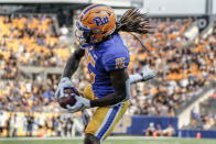 Pittsburgh defensive back Jason Pinnock (15) intercepts a Central Florida pass in the end zone during the first half of an NCAA college football game, Saturday, Sept. 21, 2019, in Pittsburgh. (AP Photo/Keith Srakocic)