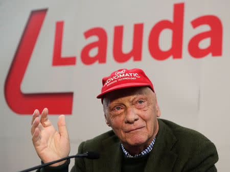 FILE PHOTO: Niki Lauda addresses a news conference presenting his new airline Laudamotion in Vienna, Austria March 16, 2018. REUTERS/Heinz-Peter Bader/File Photo