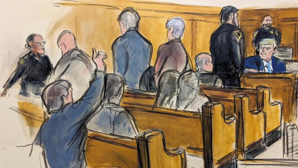 PHOTO: In this courtroom sketch, former President Donald Trump far right, turns around and looks at prospective jurors who raised their hands requesting to be excused from the jury panel in Manhattan Criminal Court, April 18, 2024, in New York. (Elizabeth Williams/Pool via Reuters)