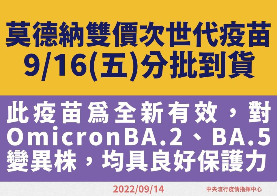 指揮中心說明莫德納雙價次世代疫苗採購相關資訊。（指揮中心提供）