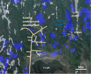 3D view of the drill pad locations and drill hole traces reported in this release